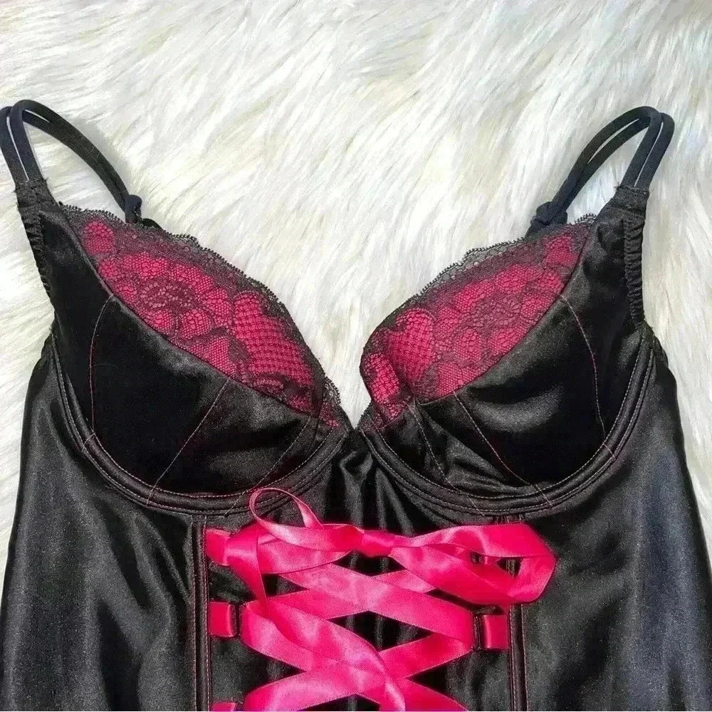 Cacique Corset Top Black Satin Neon Pink with Front Ribbon 14/16